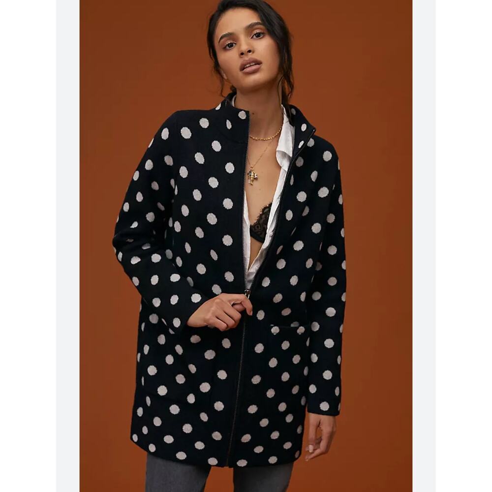 Field Flower Black & White Polka Dot Wool Full Zip Sweater Cardigan Coat